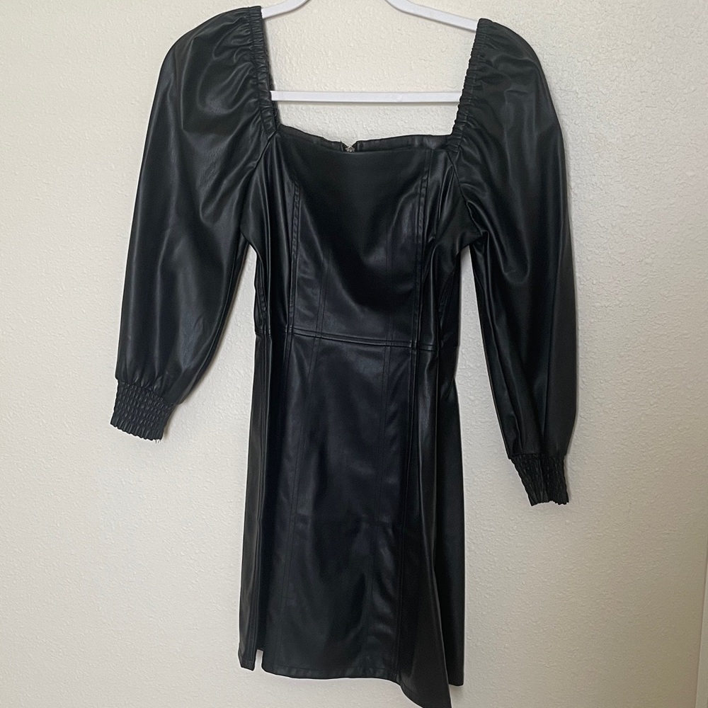 7 For All Mankind Black Faux Leather Puff-Sleeve Mini Dress